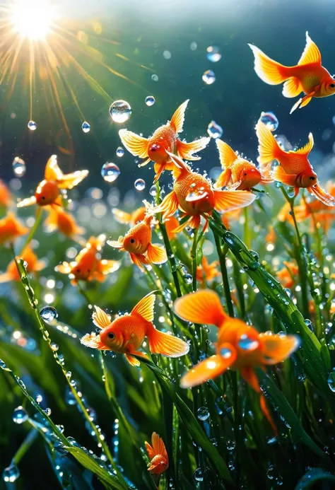 the first rays of sunlight in the morning，(((dewdrops on flowers，(sunrise)，))).goldfish in the sky，nice photos，hd wallpapers，