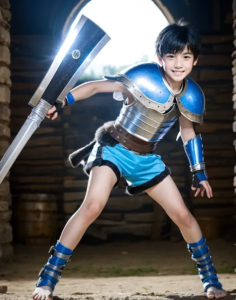 Young 13-year-old boy with black hair and brown eyes, innocent and happy, dressed in short neon-blue medieval barbarian clothes, fur shorts, light-blue battle armor, weilding silver sword and shield, barefoot; fullbody; short hair, boyish athletic, sexy,