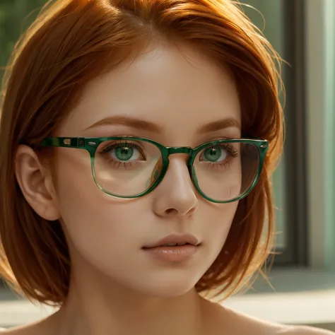 Close-up of Cute beautiful Ginger woman, green eyes, glasses, morning light