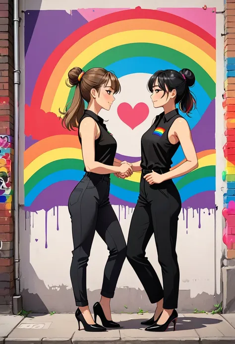 A vibrant and touching anime style illustration of two women expressing their love. FreenBeckys name "Love is Love" is written in bold, colorful graffiti-style letters, imitating the colors of the rainbow flag. The first woman is a British beauty with semi...