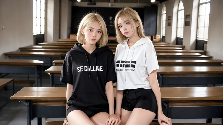 deux femmes blonde ensemble de 18 ans sexy et mince , black short sleeve hoodie , salle de classe, se touche,position sey,sensuel