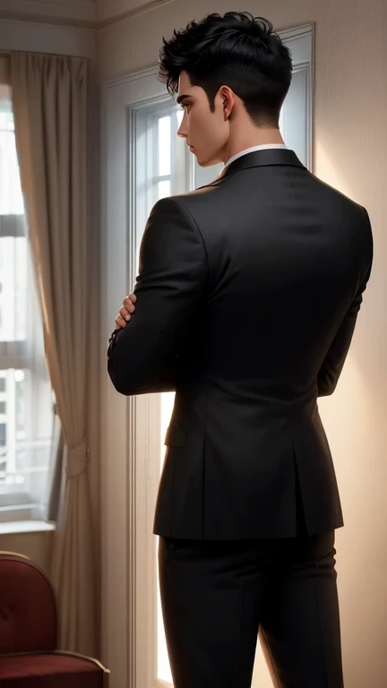 Midnight, Night Sky, 8K, Highest quality, masterpiece, Super detailed, Ultra-high resolution, Inside the room, Window, Dim lighting, ((One male)), whole body, Back view, Arms crossed, short hair, Black Hair, In a suit