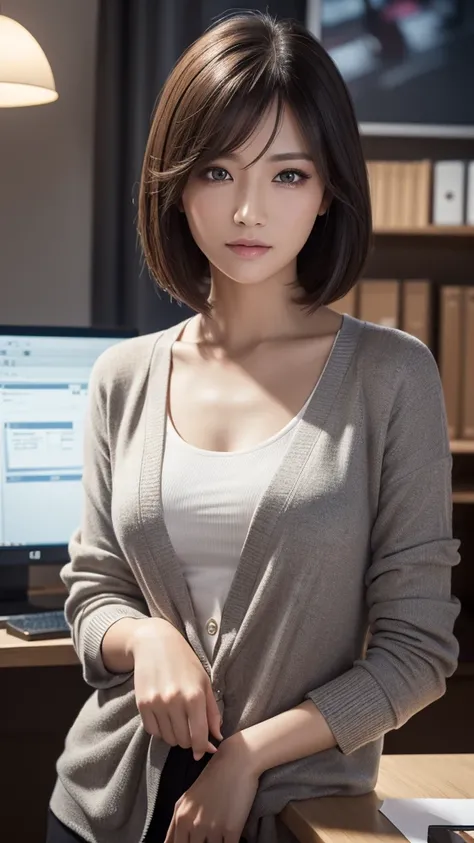 beautiful eyes, beautiful lips,dumbfounded , longeyelashes,(slender),((one-length haircut )),looking away,Cardigan,displeased, office lady, professional business attire, office setting, desk, computer,, (highres,masterpiece:1),detailed,(realistic,photoreal...