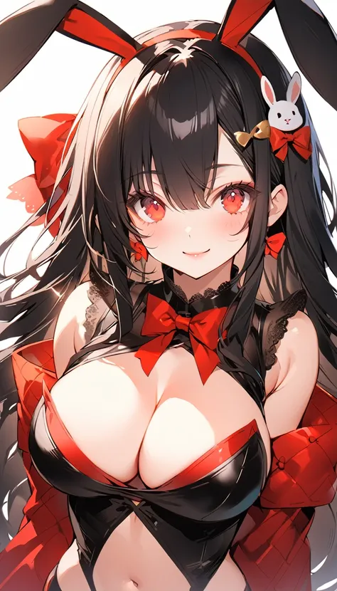 a cartoon character with big boobs in a sexy outfit and black hair, 1girl, breasts, navel, large breasts, animal ears, long hair, black hair, cleavage, looking at viewer, solo, bow, rabbit ears, smile, red eyes, hair ornament