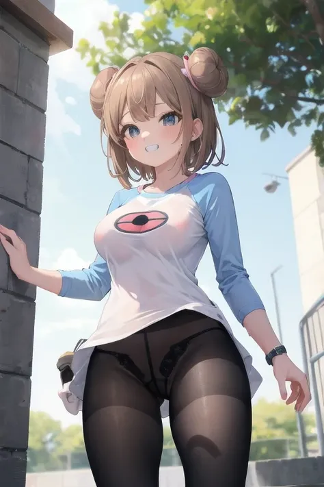 masterpiece, best quality, High resolution, b1, Hair Bun,Brown hair,  black eyes, White pantyhose, Raglan sleeves,  shirt, 乳首がshirtから透けて見える、pink ribbon, watch, Standing, Cowboy shooting, site, Monster Ball (basic), Grin、(Rosa_Pokémon)、(((From the lower thi...