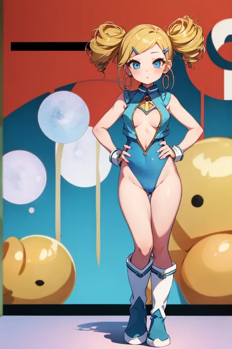 (full body),ppgzbb, blue eyes, Blonde, Twin Drill, Hair Clip, Earrings, Best, Blue leotard, sticks to the skin，boots, upright，Place hands on hips，