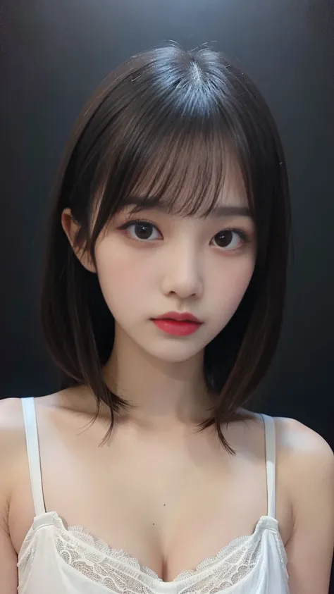 masterpiece, Highest quality, (Dark Photos:1.3), Realistic, One girl wearing a lace camisole, Flat bangs, A beautiful innocent symmetrical face, Emotional, Ulzzang, (Purelos Face_v1:0.7),Big Breasts