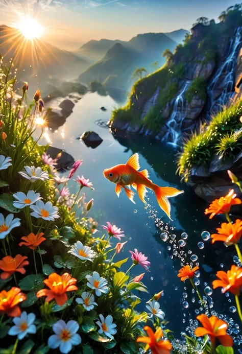 the first rays of sunlight in the morning，cliff，slopes，dew drops on beautiful flowers，(sunrise)，goldfish in the sky，beautiful pi...