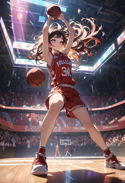 (mastepiece, best quality, absurdres), 1girl, solo, nezuko, holding a basketball in hand, wearing a basketball jersey, basketbal...