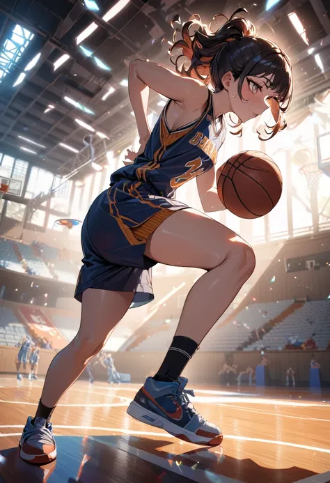 (mastepiece, best quality, absurdres), 1girl, solo, nezuko, holding a basketball in hand, wearing a basketball jersey, basketbal...