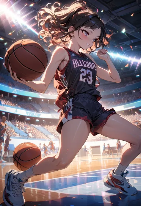 (mastepiece, best quality, absurdres), 1girl, solo, nezuko, holding a basketball in hand, wearing a basketball jersey, basketbal...