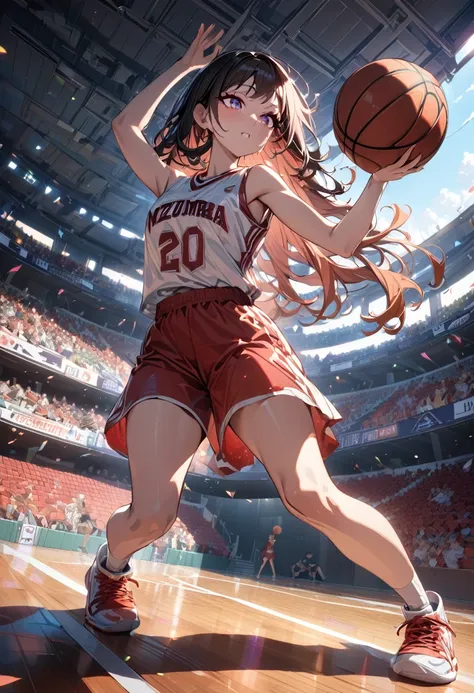 (mastepiece, best quality, absurdres), 1girl, solo, nezuko, holding a basketball in hand, wearing a basketball jersey, basketbal...