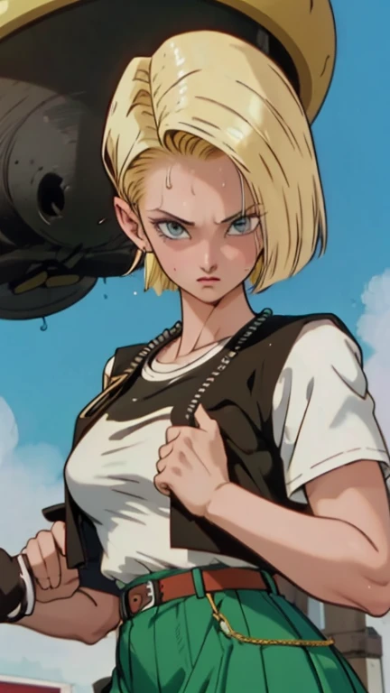 Android 18 lifting a car over her head, shes wearing her classic blue skirt and black jacket with long striped sleeves. She is soaked with sweat. (sweat soaked) her chest strains the fabric of her white t-shirt and medium sized, sweaty breasts are partiall...