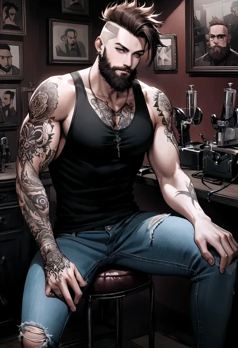 Male character with mohawk hair, dark brown hair color. White skin with an intermediate-sized dark red beard and a slightly square face. black clothing, Jeans ripped at the knee. Holding a tattoo machine. The background of the image is an Instagram profile...