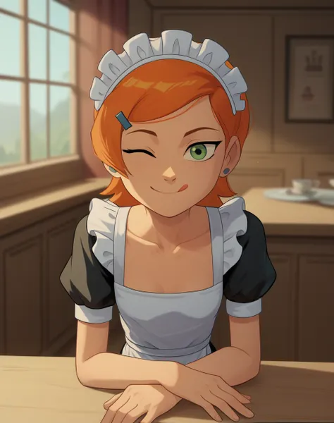 gwendolyn_tennyson, 1girl,solo,maid, side smile, collarbone ,maid headdress,looking at viewer,apron,indoors,depth of field, sitt...