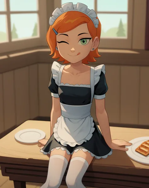 gwendolyn_tennyson, 1girl,solo,maid, side smile, collarbone ,maid headdress,looking at viewer,apron,indoors,depth of field, sitt...