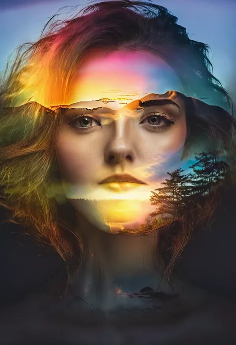 double exposure style of a beautiful young woman's face superimposed over a vibrant sunrise landscape, dramatic lighting, cinema...