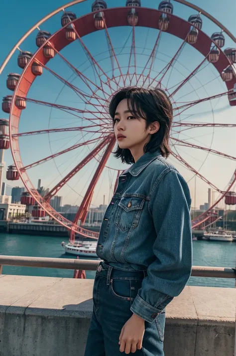 arafed woman standing on a ledge with a ferris wheel in the background, huge gigantic breasts, hyung tae, jinyoung shin, album art, cai xukun, profile picture 1024px, kim doyoung, hong june hyung, yanjun chengt, bladee from drain gang, male ulzzang, xinton...