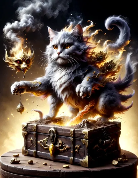 (gold treasure chest giant cat monster fused together)，the smoke monster，fantasy，myth