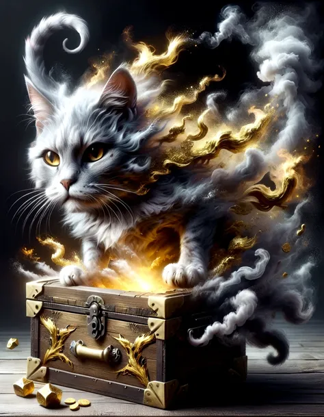 (Gold treasure chest giant cat monster fused together)，The Smoke Monster，fantasy，myth