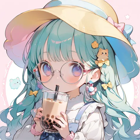 Yellow and white pastel aesthetic kawaii chibi girl with long hair, wearing glasses and a hat holding a boba tea glass mug in her hand, on the cover of an illustration book for children "pastell", pastel illustrations in the style of simple, cute, kawaii