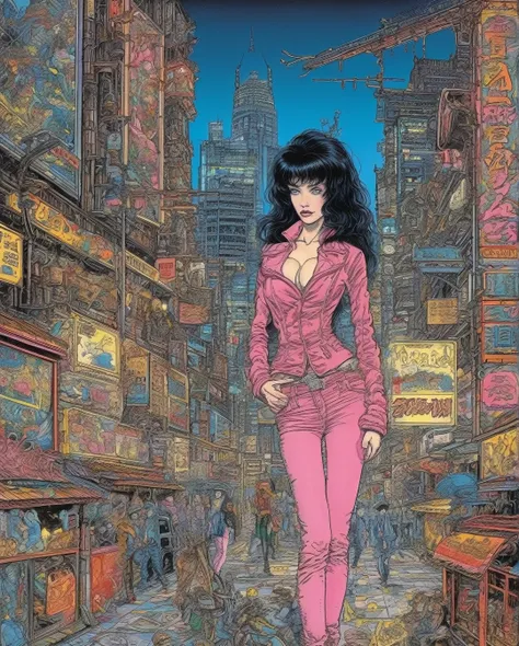 gothic black jeans and pink jacket ,sexy girl with black hair blue eyes and , in the background japanese city at night,next to a...