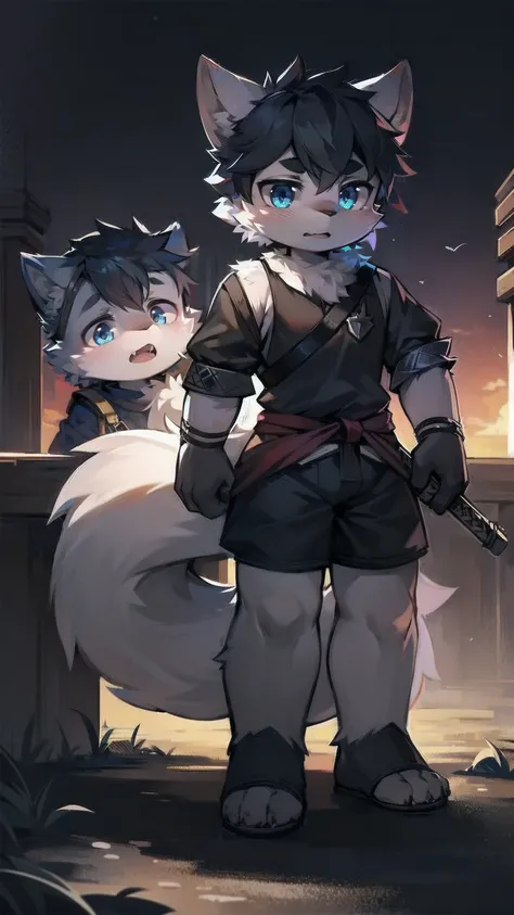 White Wolf，black hair，Sky blue eyes，hairy，Wolf ears，Wolf tail，Full body portrait，The character is in the center of the frame，Handsome，Confident eye***but，juvenile，Black and white combat uniform，Red neck bib，Black shorts，Short sleeve，hairy arms and legs，Dar...