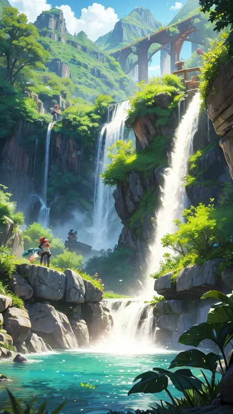 Pokemon with a tamer and green landscape with waterfall and a dragon flew