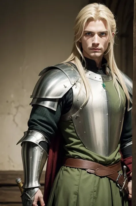 Medieval man with sword and armor blond hair and green eyes