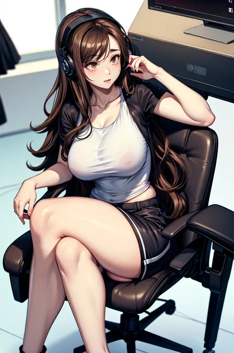 long curly brown hair, brown eyes, sitting at desk, gamer headset, gamer chair, gamer phone, pale skin, thick thighs, tank top, shorts, big breasts