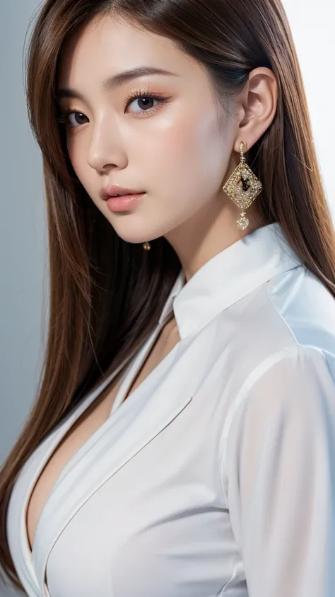 Beauty, Detailed facial features, Perfect figure, Elegant Japanese Goddess, Gorgeous Chinese Model, Realistic and vivid, Earrings, Fashionable and young々Shii, Solo Portrait, Close-up photography, Brown Hair, Highest quality, 4K, 8K, High definition, master...