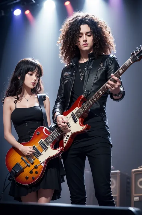 Curly haired guitarist with syn model shecter guitarist on top of a stage
