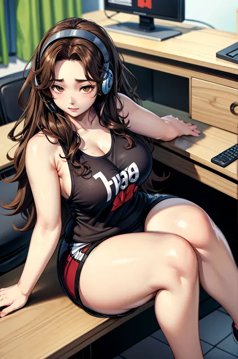 long curly brown hair, brown eyes, sitting at desk, gamer headset, gamer phone, pale skin, thick thighs, tank top, shorts, big chest, up close