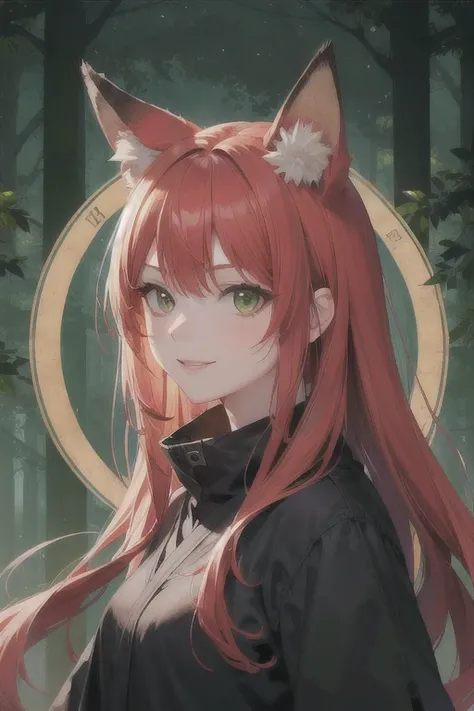 Fox portrait ,beautiful  face,upperbody,medium side cut, red hair, sharp focus,tenue (ninja) black girl, russet hair, long hair, greeneyes, (ninja), Longsword, medium breaths ,fabric, forest wallpaper, Magic circle background, fox ears, black leagwear, smi...