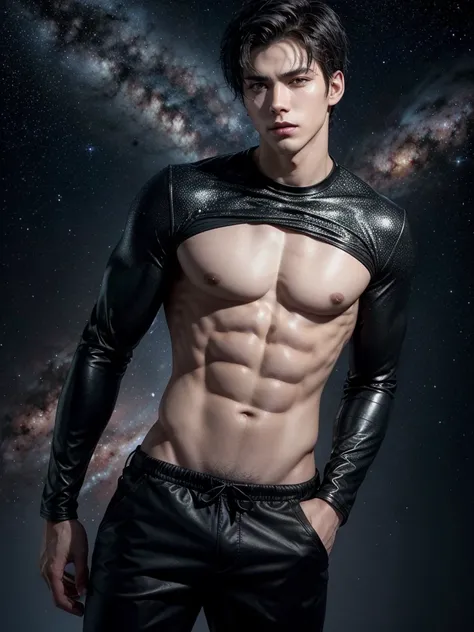 an attractive handsome man with a slender, muscular torso, short messy spiky reddish black hair, black eyes, and black pants background the constellation galaxy