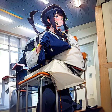 (best quality, masterpiece, high-resolution),
a girl, 15yo,
sitting on chair,
low pigtails, (low twin tails:1.2), black hair,
navy blue , sailor uniform,
school,
kyoushitsu, classroom, indoors, school chair, school desk, chalkboard, window, ceiling light, ...