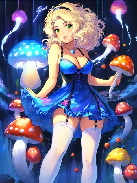 a beautiful 20 year old blonde woman with big messy hair in a blue dress, white stockings, black headband, cleavage, holding a glowing mushroom, fantasy art style, rossdraws cartoon vibrant, alice in wonderland cyberpunk, cute detailed digital art, colorfu...