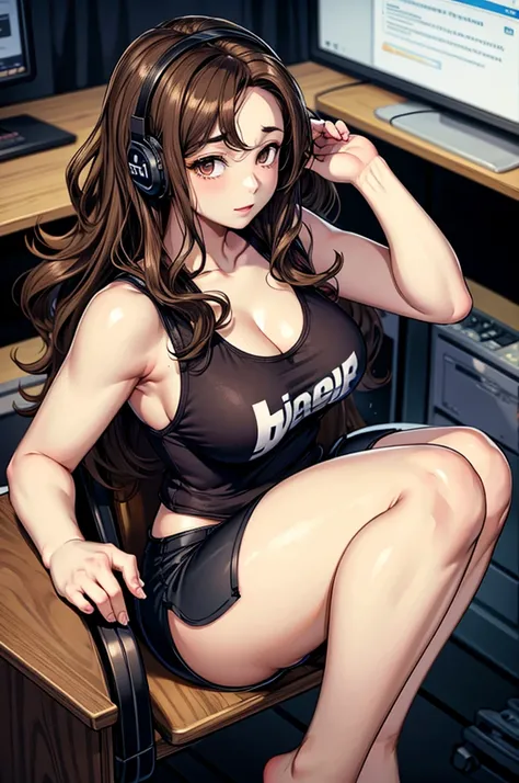 long curly brown hair, brown eyes, sitting at desk, gamer headset, gamer phone, pale skin, thick thighs, tank top, shorts, big chest, up close