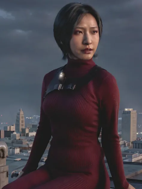 Raw image of ada wong, busty, perching on rooftop, night village skylines, starry sky, (detailed skin complexion:1.2), best quality, deep color, natural lighting effect, ambient occlusion, high quality soft shadows