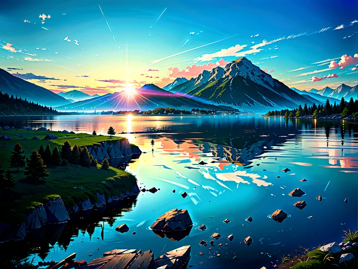 mountain、By the lake、large area、sky high、sun、glowing light、clear lake、rural、looking down、