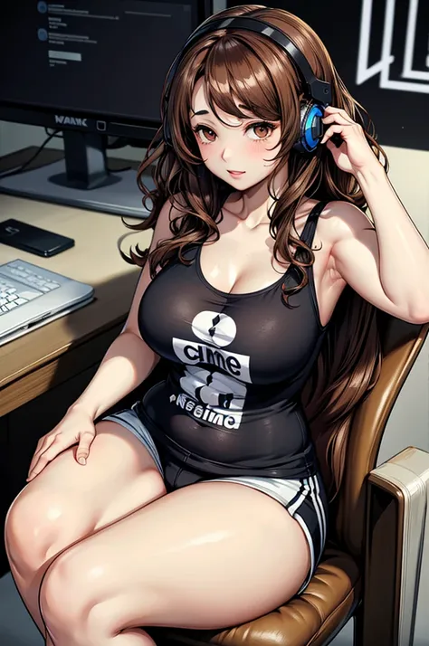 long curly brown hair, brown eyes, sitting at desk, gamer headset, gamer phone, pale skin, thick thighs, tank top, shorts, big chest, up close