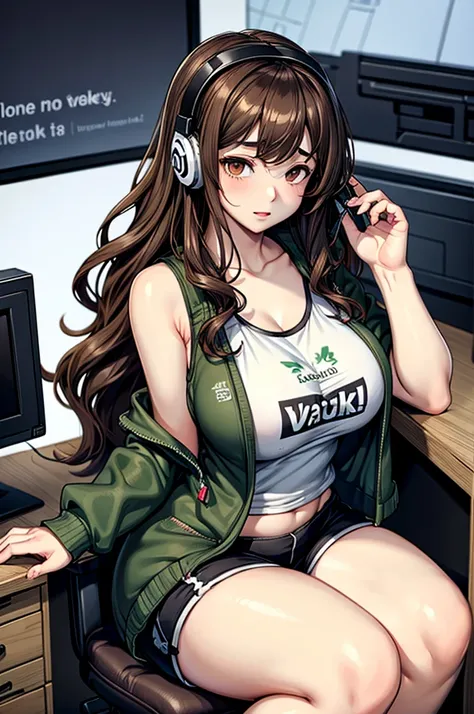 long curly brown hair, brown eyes, sitting at desk, gamer headset, gamer phone, pale skin, thick thighs, tank top, shorts, big chest, up close