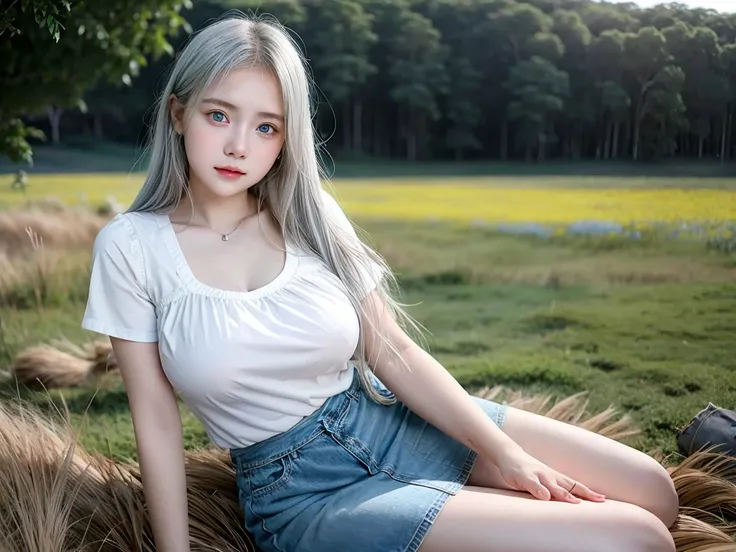 (2 girls), Indonesian baby face, 12 years, white skin, Round breast, blue eyes, meadow, silver hair, 8K, The details are very realistic...., The best of photography Wear a jeans skirt.... 