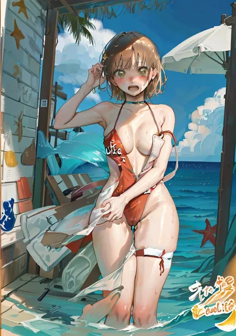 hand bra、Hide your with your hands、one-piece swimsuit, strap slip、nsfw, nipples、Chestnut Hair、Red swimsuit、Sandy Beach、Ocean、one-piece swimsuit, strap slip、Sandy Beach、Wet、Blushing、