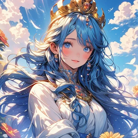 painting of a young girl with long, flowing hair and a crown of flowers on her head. She has a serene expression and is looking off into the distance. The background is a blue sky with clouds and a hint of sunlight shining through. The overall effect is on...