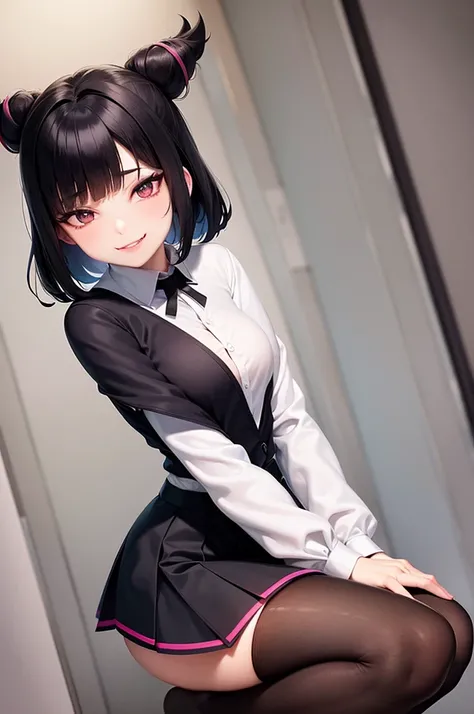 juri han, work of art, tight white secretary shirt with black tie, black high waist skirt, short skirt,stocking, black hair, black tights,evil smile,office,franja nos olhos,iluminação,chifre de cabelos,visão de cima,olhando para cima
