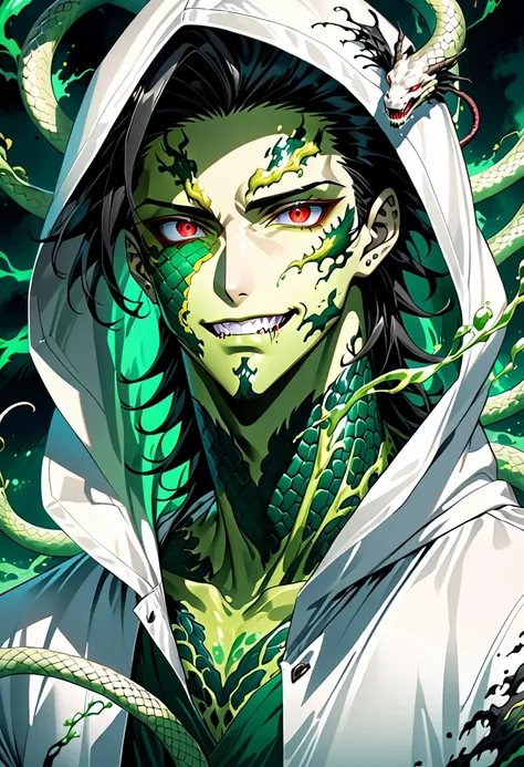 Generate an anime-style illustration of a teenage male character with the appearance of a Gorgon. He should have pale skin, sharp facial features, and a monstrous look, with green scales covering parts of his face and body. His hair should be made entirely...