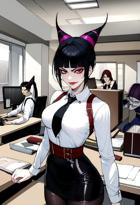 juri han, work of art, tight white secretary shirt with black tie, black high waist skirt, short skirt,stocking, black hair, black tights,evil smile,office,franja nos olhos,iluminação,chifre de cabelos,visão de cima,olhando para cima
