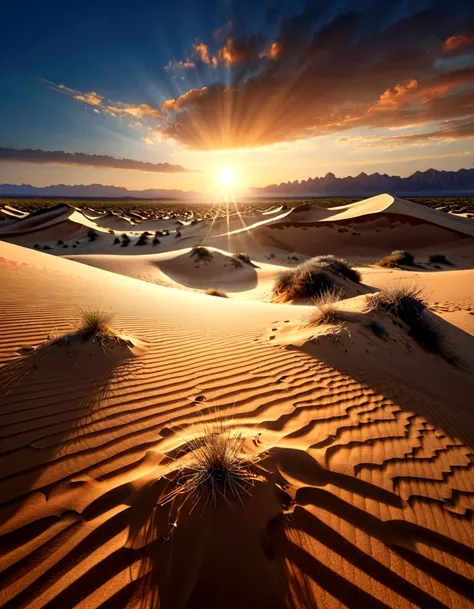 detailed fantasy desert landscape, dramatic sunrise, sun peeking over the horizon, golden rays of light, vast sandy dunes, winds...