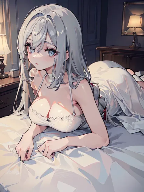 ((Beautiful lighting, Highest quality, 8K, masterpiece: 1.3)), One girl, Perfect Body Beauty, ((Gray Hair)), (White Dress: 1.4), Black bra, (indoor , night: 1.1), Sexy pose (Lie down in bed), Super detailed face, Beautiful Eyes, whole body, Naughty look, s...